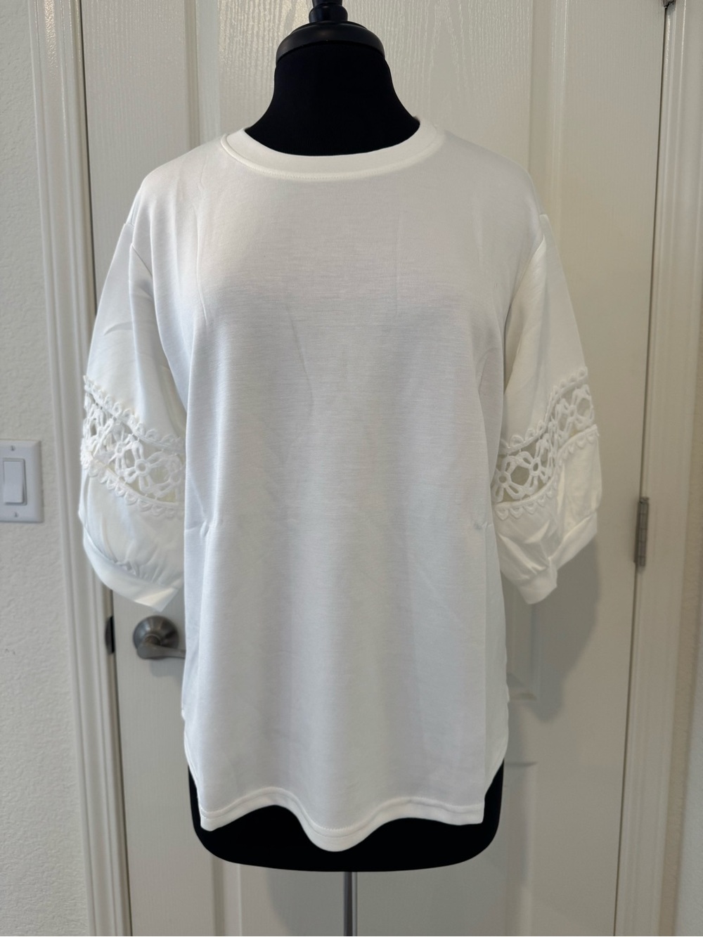 White Soft Cotton Crochet-Sleeve Top
